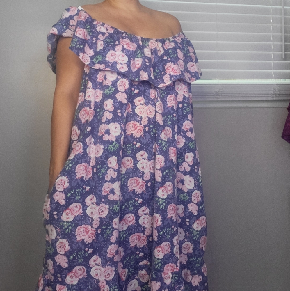 Vintage 70s Off The Shoulder Cabbage Rose Floral Dress - Picture 12 of 12